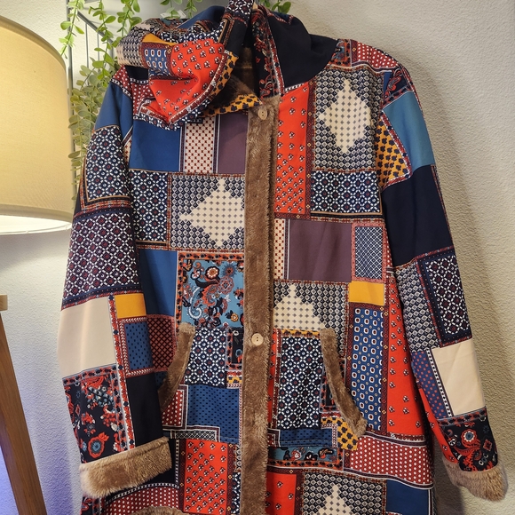 Jackets & Blazers - Patchwork-Pattern Pea Coat with Faux-Fur Trim - Multicolor